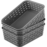 3 Pack Small Plastic Basket, Storage Bin Baskets for Organizing, Pantry Organizer Household Wicker Storage for Laundry Room, Bedrooms, Kitchens, Cabinets, Countertops, Dark Gray