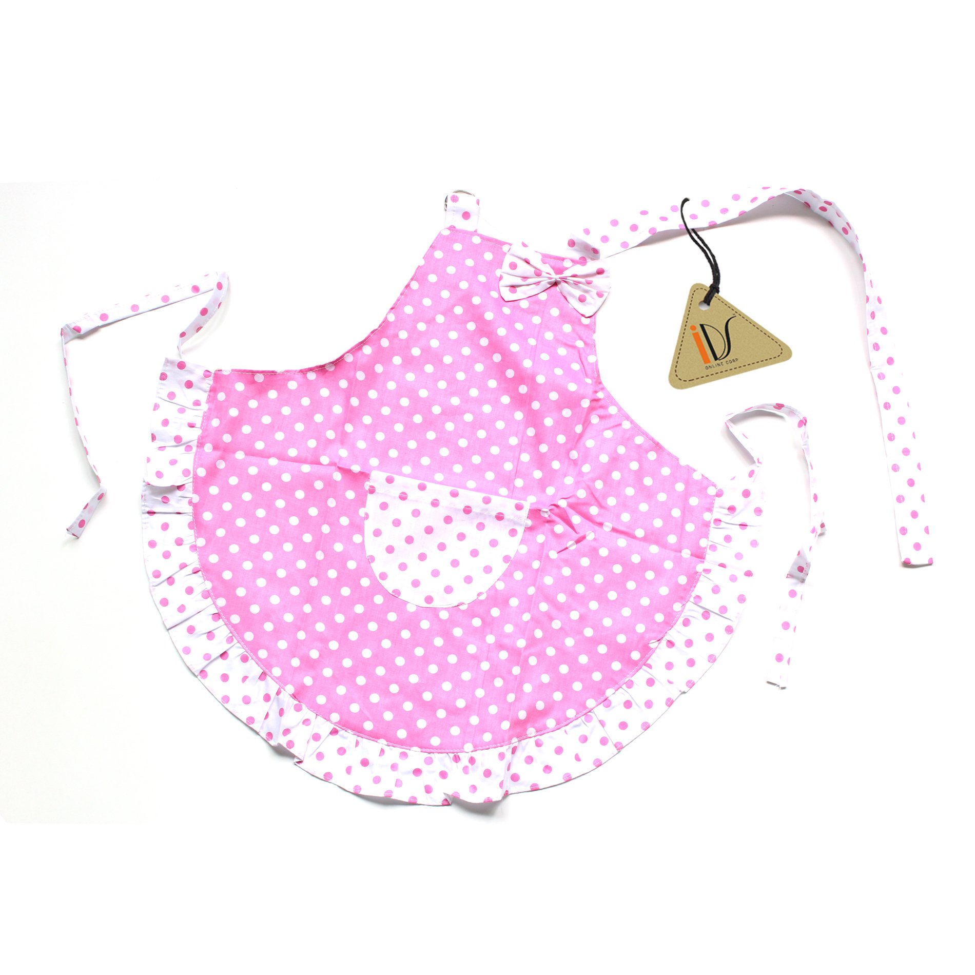 IDS HomePrincess White Pink Dot Bow Frill Adjustable Cotton Apron