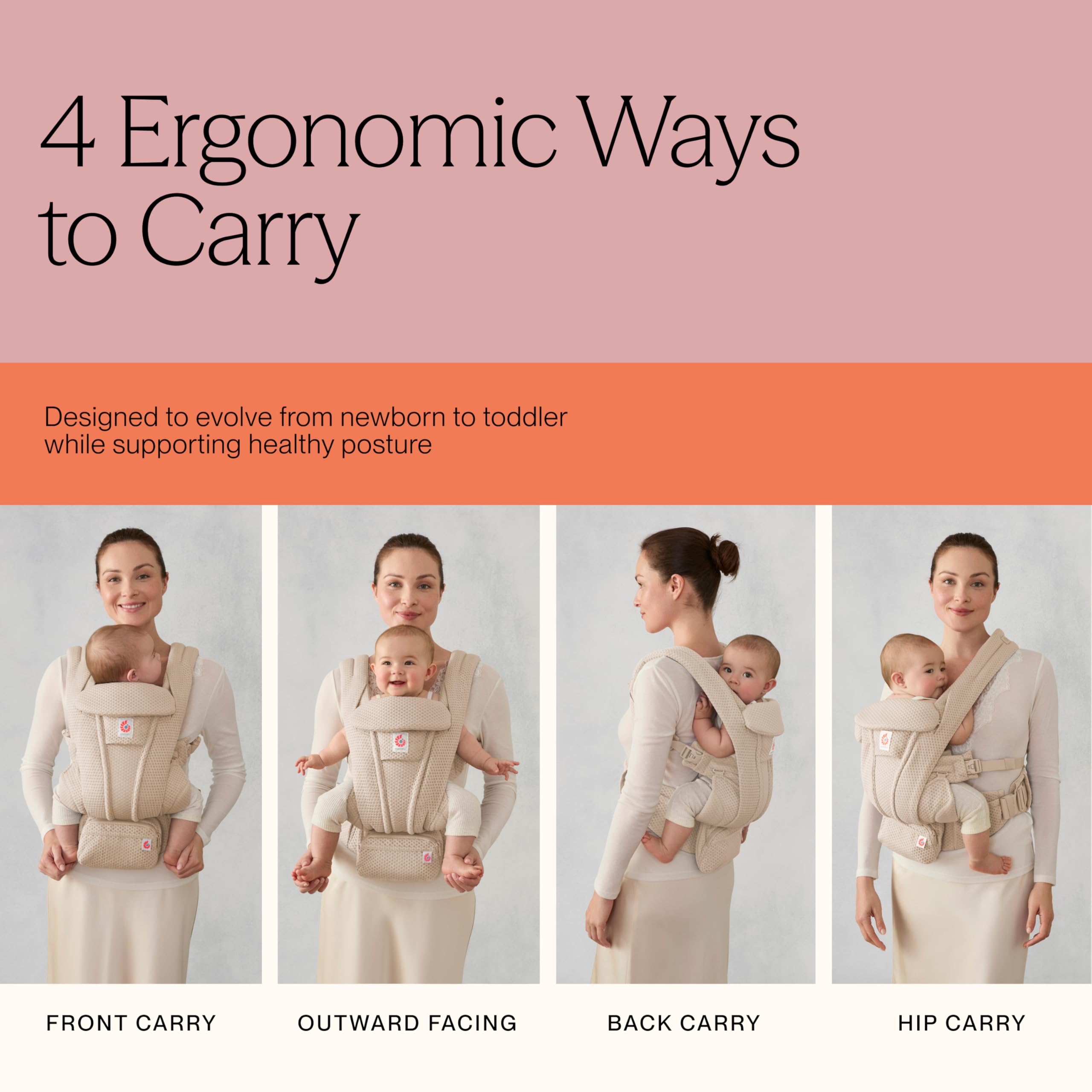 Ergobaby Omni Deluxe All-in-One Babytrage für Neugeborene ab Geburt bis 20kg, Ergonomische 4-Positionen Mesh Babytrage Rückentrage Baby-Tragetasche, Natural Beige 5