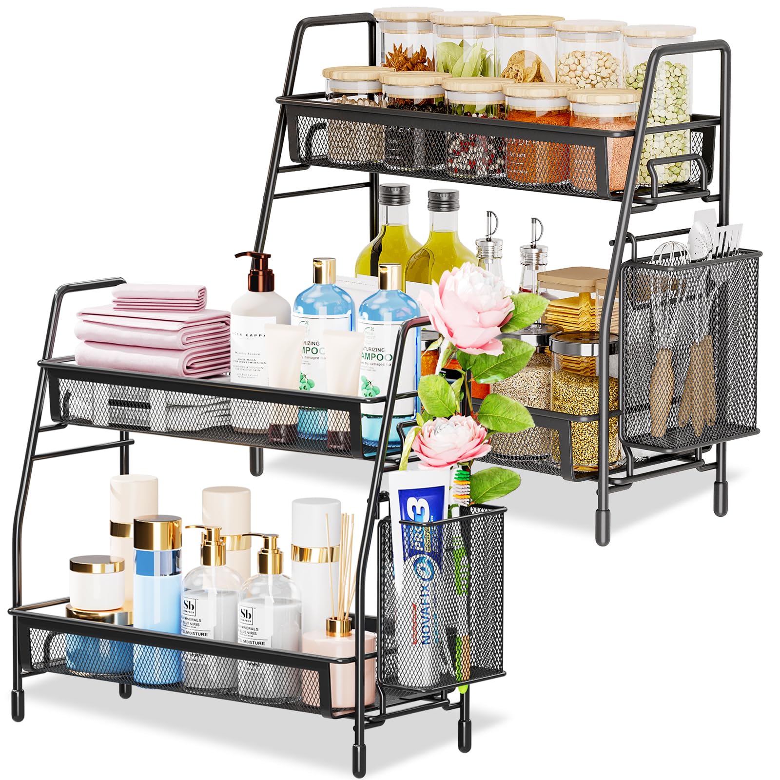 Photo 1 of *ONLY 1* Famhap Bathroom Counter Organizer 2pcs, Bathroom Organizer Countertop with Side Basket, Kitchen Countertop Organizer, Metal Spice Rack Organizer, Black 13.8"x7"x12.6"