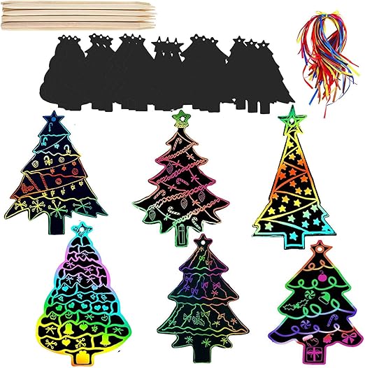 jintuo 48 Pcs Christmas Tree Scratch Art Magic Rainbow Scratch Paper