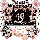40th Birthday Decorations for Women, 33pcs Black Rose Gold Happy 40th Birthday Banner Crown and Sash Balloons Backdrop Hanging Swirls Paper Fans, 40 Years Old Party Supplies Kit