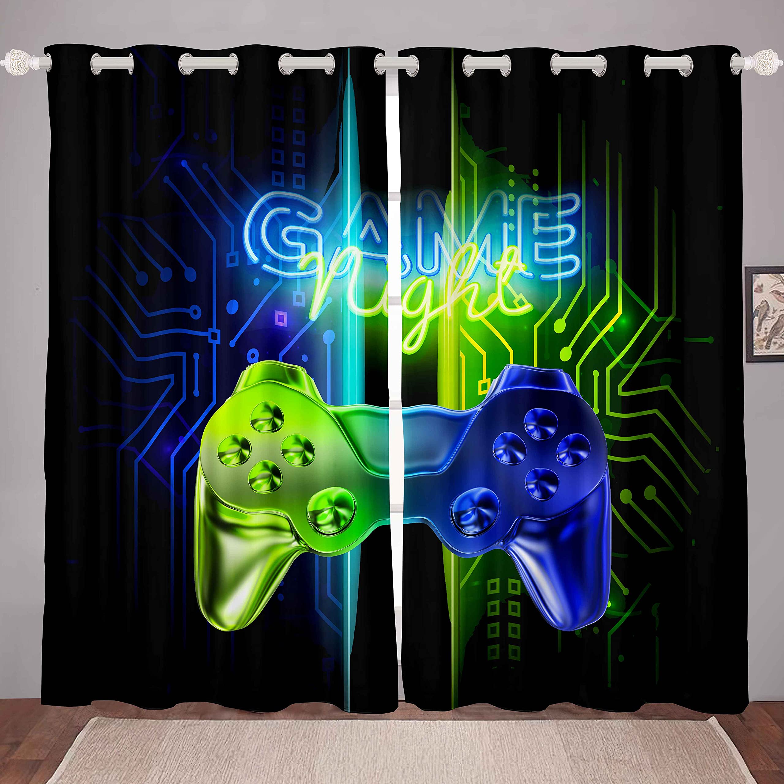 Loussiesd Game Curtains for Bedroom W46 x L72 Gamer Video Game Room Darkening Curtain Boys Teens Kids Gaming Thermal Insulated Window Drapes Blue Green Neon Gamepad Window Treatment Set …
