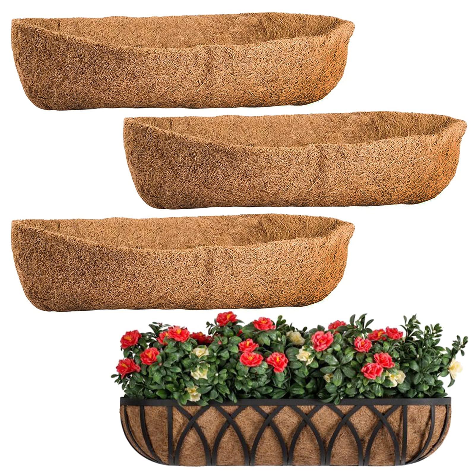 Photo 1 of O-FarFarm 4 Packs Coco Liners for Planters 24 Inch, Coconut Fiber Window Box Liners Planter Insert Trough Planter, Coconut Basket Liners for Outdoor Plants