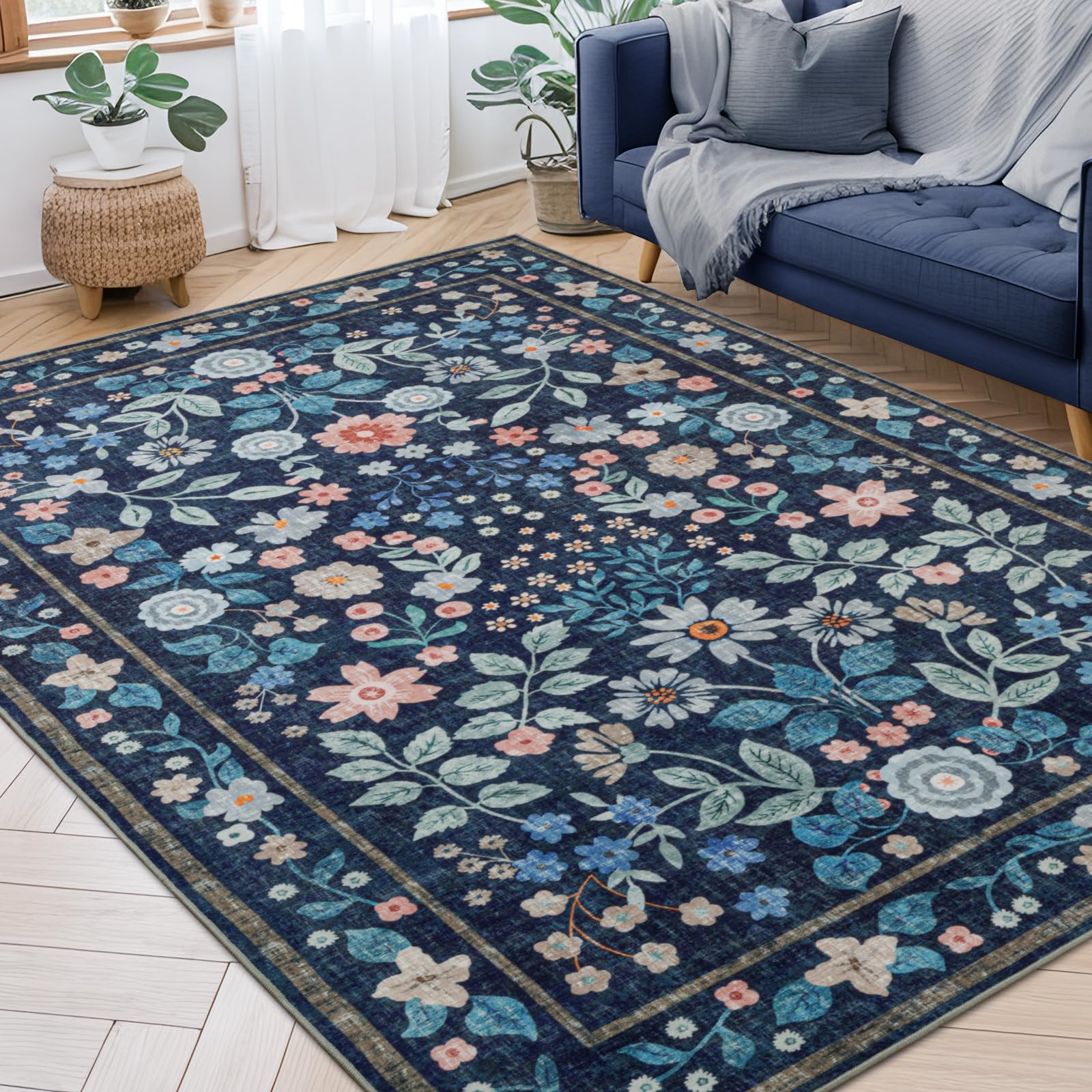 Photo 1 of YIHOUSE Floral Blue 5x7 Washable Living Room Area Rug, Non Slip Boho Soft Bedroom Rug, Ultra Thin Colorful Flower Throw Carpet for Dining Room Home Office Dark Blue,5'x7'