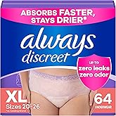 Always Discreet Adult Diapers for Women, Incontinence Underwear, Drier Than Depends, Postpartum Essentials, Disposable Briefs, Max Absorbency, Bladder Leak Protection, Extra Large/XL, 64ct