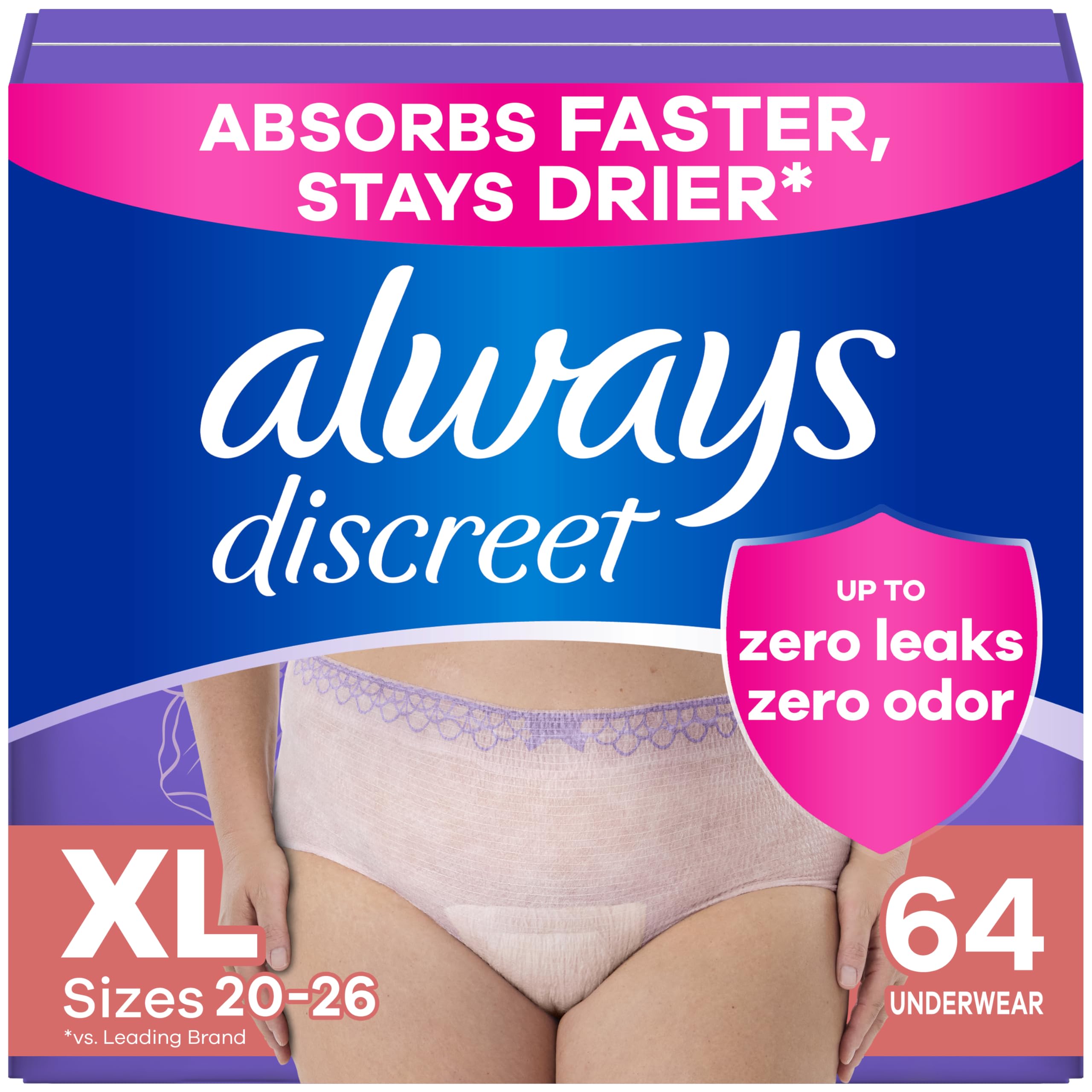 Photo 1 of Always Discreet Adult Incontinence Underwear for Women and Postpartum Underwear, Extra Large, Up to 100% Bladder Leak Protection, 64 Count (2 Packs of 32)