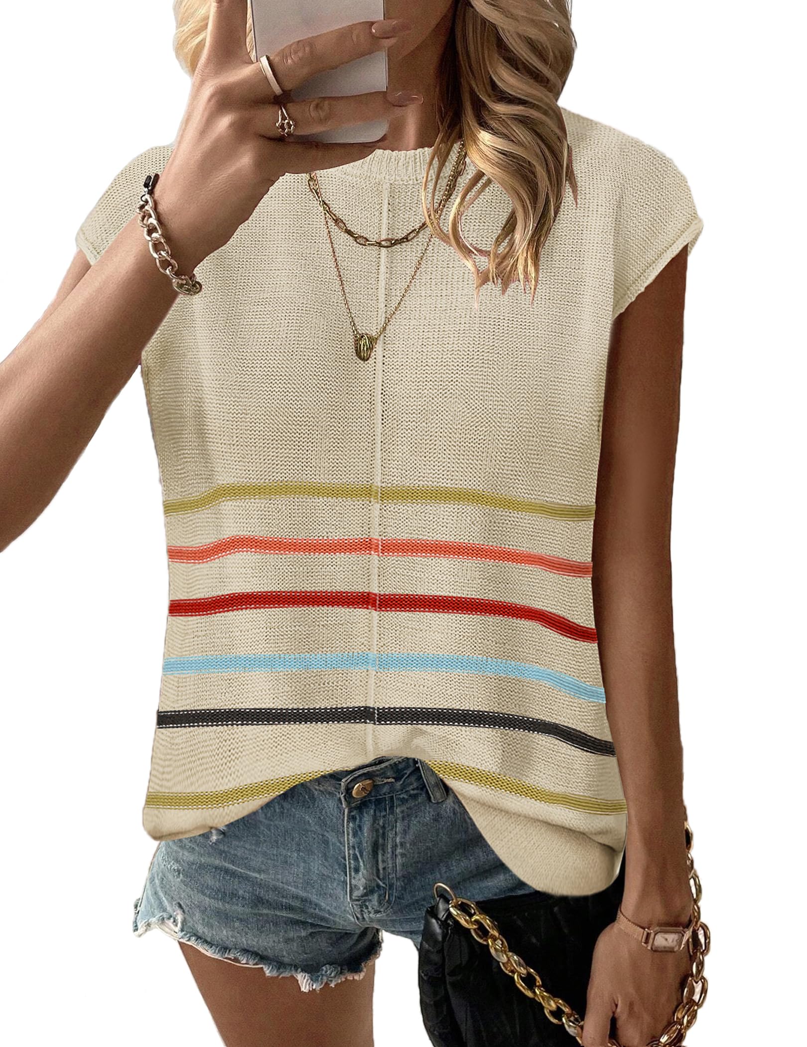 Photo 1 of Zeagoo Women's Cap Sleeve Sweater Vest Crew Neck Sleeveless Casual Knit Lightweight Spring Summer Top Colorful Stripes X-Large