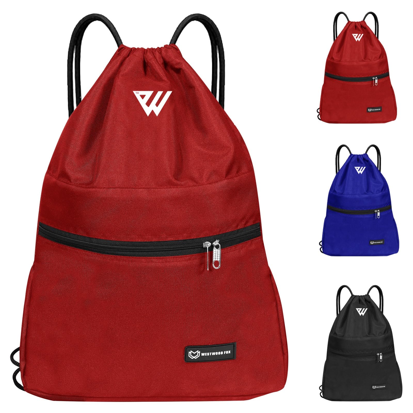 WESTWOOD FOX WFX Drawstring Bag String Waterproof Sport Gym Sack Backpack for Women Men PE Bag Outside Pocket Zipper School Beach Holidays Swimming Travel (Jet Red)