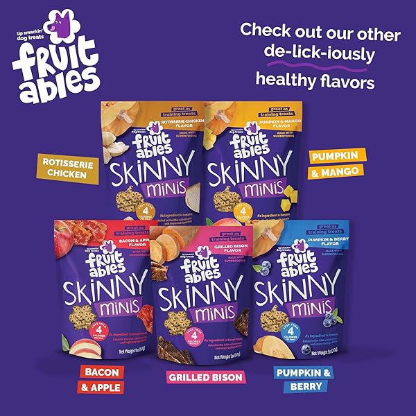 FRUITABLES SKINNY MINI DOG TREATS, HEALTHY SWEET POTATO TREAT FOR DOGS, LOW CALORIE & DELICIOUS, PUPPY TRAINING, FREE OF WHEAT, CORN AND SOY, MADE IN THE USA, BACON AND APPLE FLAVOR, 5OZ