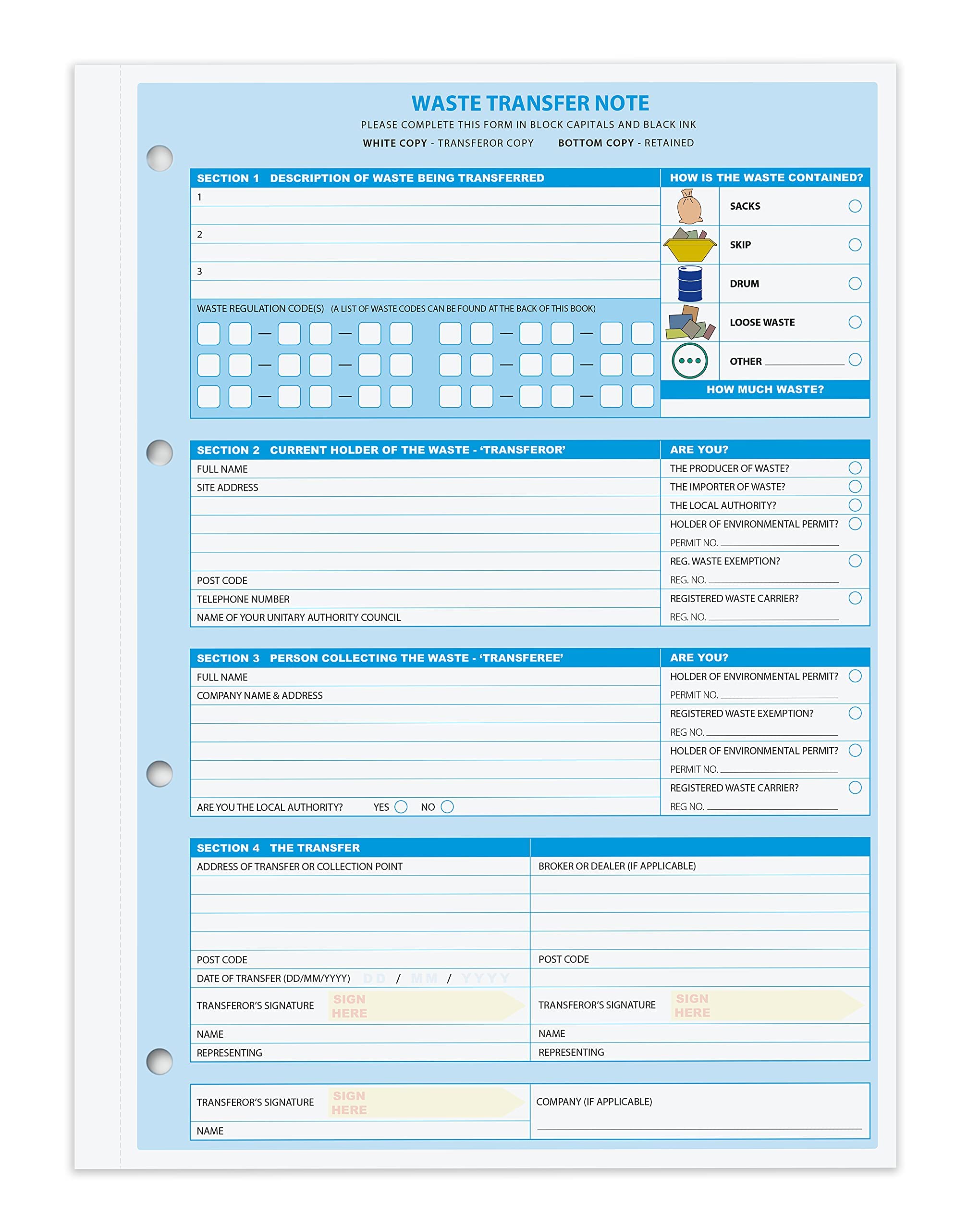 A4 Duty of Care Waste Transfer Note Pads with Waste Codes, 2 Part (Duplicate), 50 Sets per Book