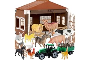 Buyger Kids Farm Animals Figure Toys Playset, Large and Mini Plastic Farm Figurines Toys Tractor Trailer Truck Assembly Fence Barn Farmhouse Gifts for 3+ Years Old Kids Boys Girls Toddler