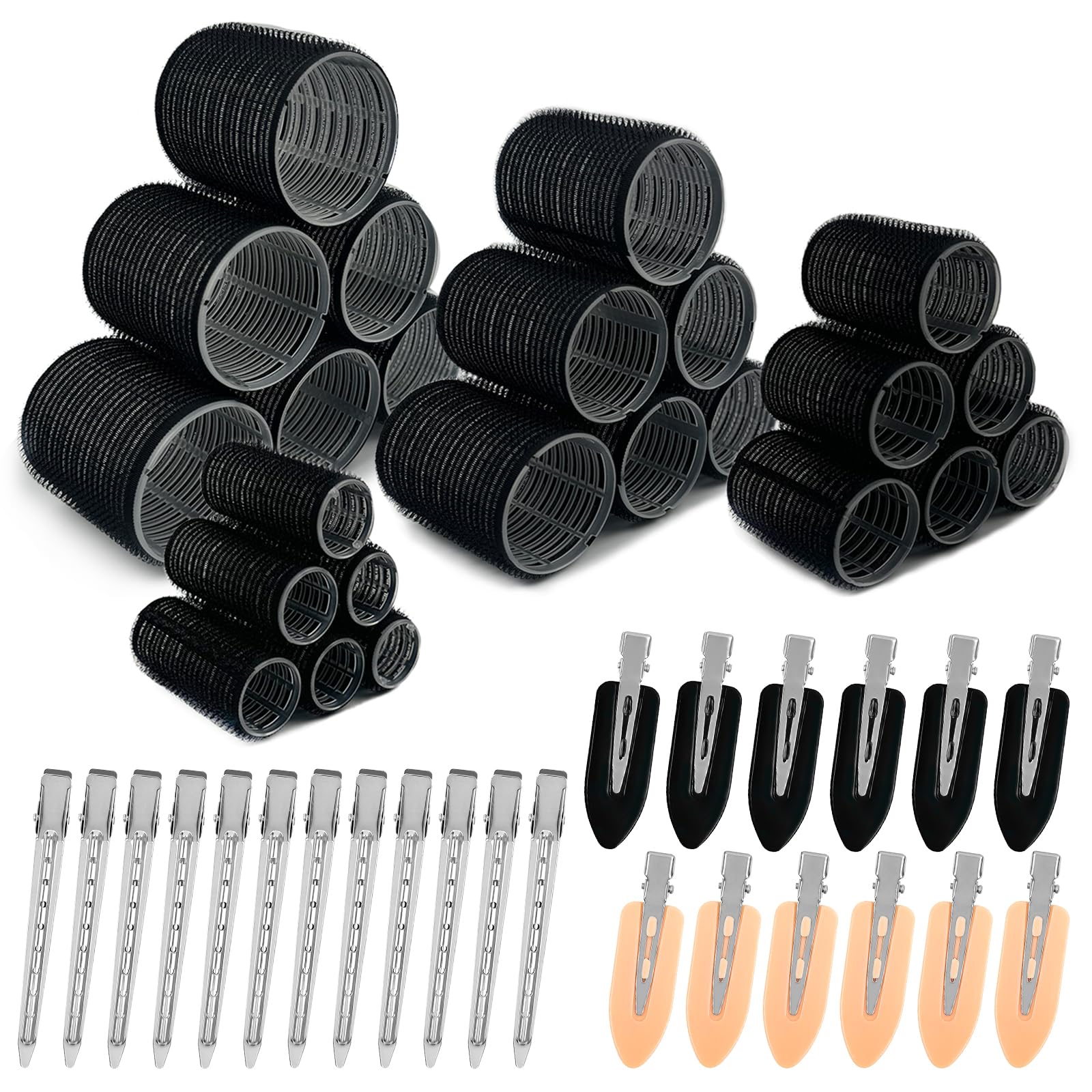 48PCS Hair Rollers with Clips, Self Grip Hair Rollers, Curlers Rollers with 4 Sizes 60mm 48mm 36mm 25mm, Long Medium Short Hair DIY Hairdressing (Black)
