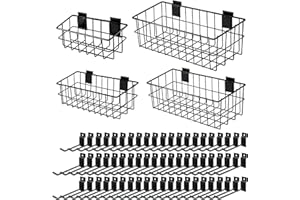 Isohit 104 Pcs Slatwall Accessory 4 Metal Slatwall Baskets 100 Pcs Slatwall Hooks 4/6/8'' Slatwall Accessories Storage Baskets Bin for Shelf Garage Shop Retail Display