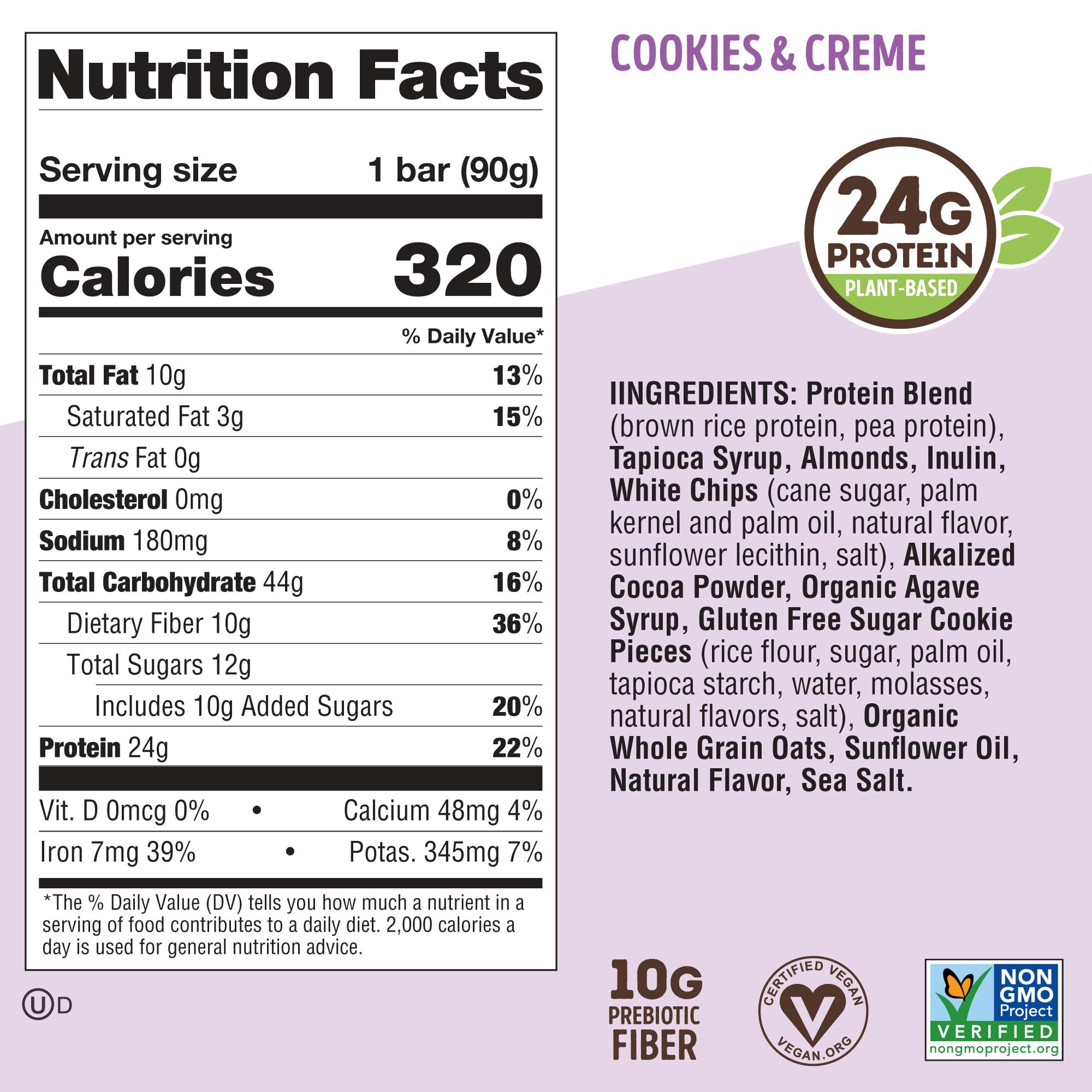 Lenny & Larry's Cookie-fied BIG BAR 90g, Cookies and Creme, 12-pack with 24 grams of Plant-Based Protein XL Vegan Snack Bars, 10g Prebiotic Fiber Non-GMO, Kosher