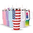 40 OZ Bling Tumbler With Handle Studded Rhinestone Tumbler Glitter Cups with Lid Stainless Steel Vacuum Thermal with Straw for Ice Cold or Warm Drinking for Women Cup (Star-Spangled Shiny)