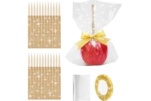 Anglecai 24Pcs Candy Apple Stick Kit, 24P Bling Stick for Apple Rhinestone Wooden Skewers, with 24P Bags, 1P 25 Yard Glitter Ribbon, Bling Stick for Caramel Apple Lollipop Crispy Treat