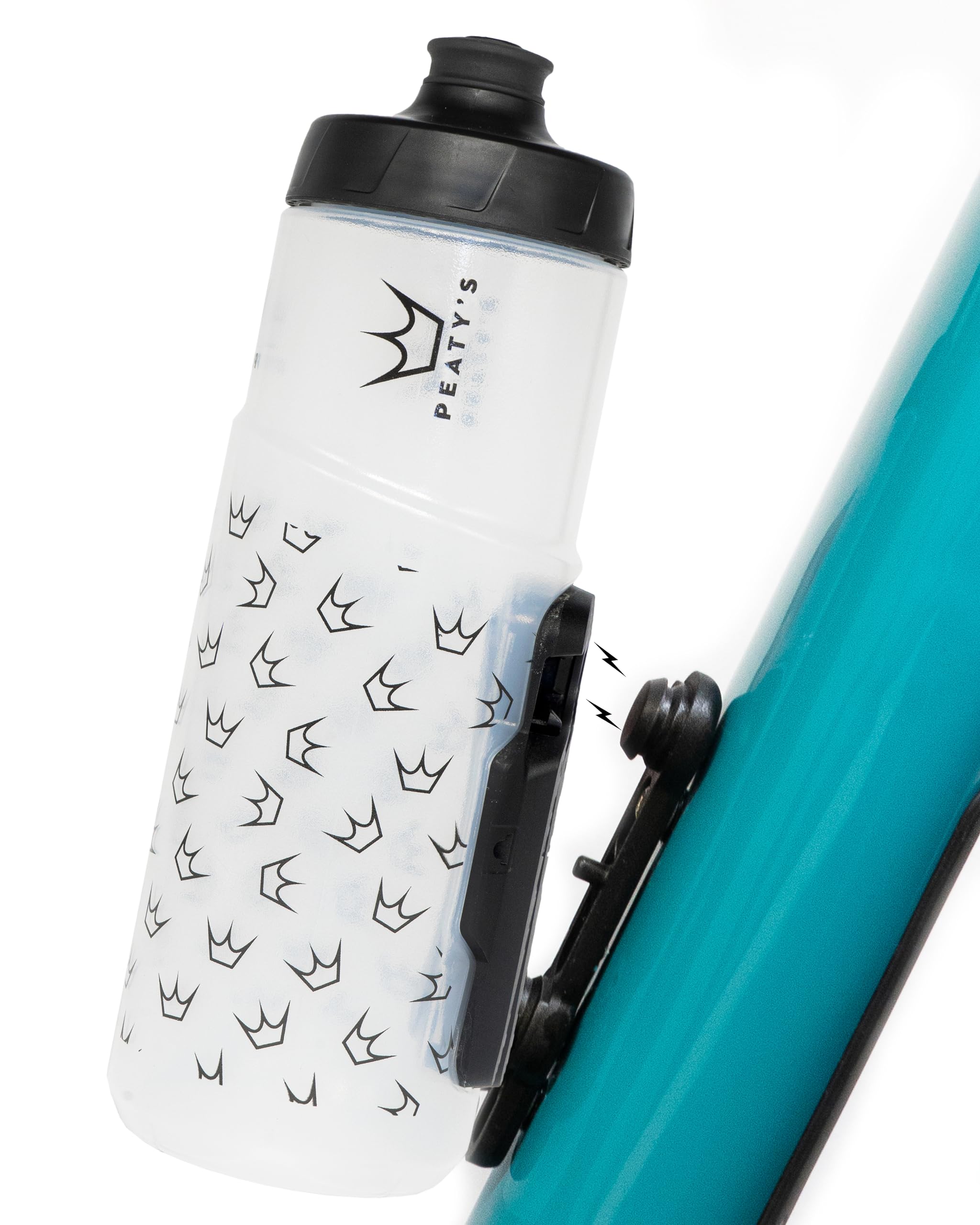 Peaty's x Fidlock Lockin Magnetic 600ml Regular Bike Water Bottle & Mount - Drink Holder & Bottle Set, Premium Alternative To Cage, Twist & Release, Cycling Accessories - Crown Clear