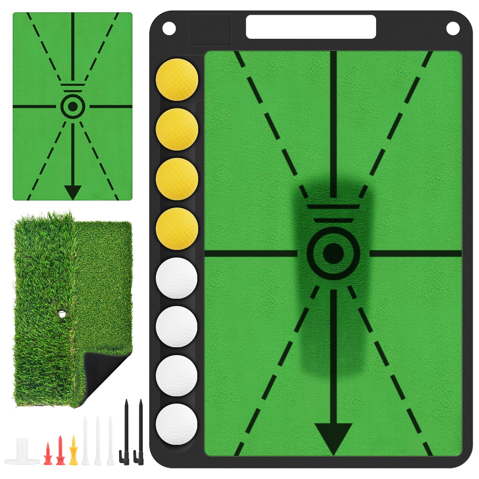 BROTOU Golf Hitting Mat with Swing Path Detection – Analyse Swing Path, Correct Stance & Posture, Dual Turf Golf Practice Mat, Rubber Base & Ball Tray, for Indoor Outdoor Golf Training (Velvet Mat)