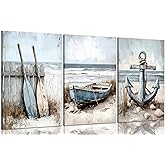 3Pcs Coastal Beach Canvas Wall Art Sailboat Paddle And Anchor Paintings Pictures Wall Decor Nautical Posters Prints Artwork Suitable for Living Room Bedroom Home Office Corridor Home Decroation