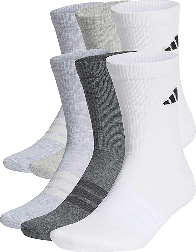 adidas Unisex CUSHIONED CREW SOCKS 6 PAIR PACK, white/light grey heather/medium grey heather/dark grey heather, 45-48