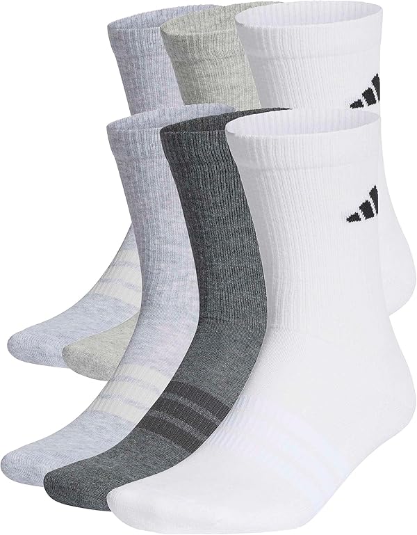 adidas Unisex CUSHIONED CREW SOCKS 6 PAIR PACK, white/light grey heather/medium grey heather/dark grey heather, 45-48