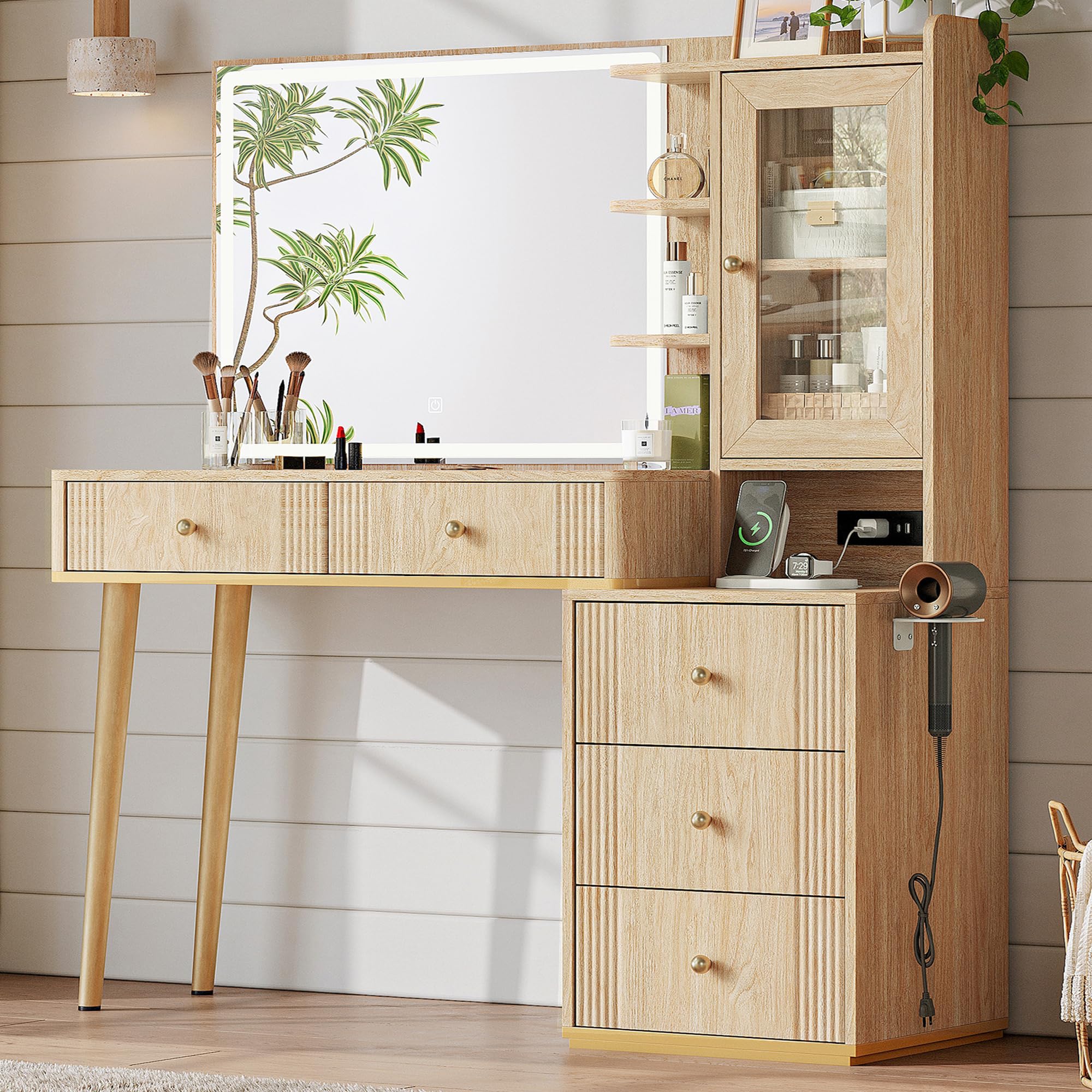 Photo 1 of **SELLING FOR PARTS. MISSING MIRROR. MINOR DAMGE TO CORNER**LINSY Wood Vanity with Glass Top, Makeup Vanity with Storage Drawers, Boho Fluted Vanity Desk with Mirror and Lights, Large Dressing Table with Cabinet and Outlet for Bedroom, Women, Girls