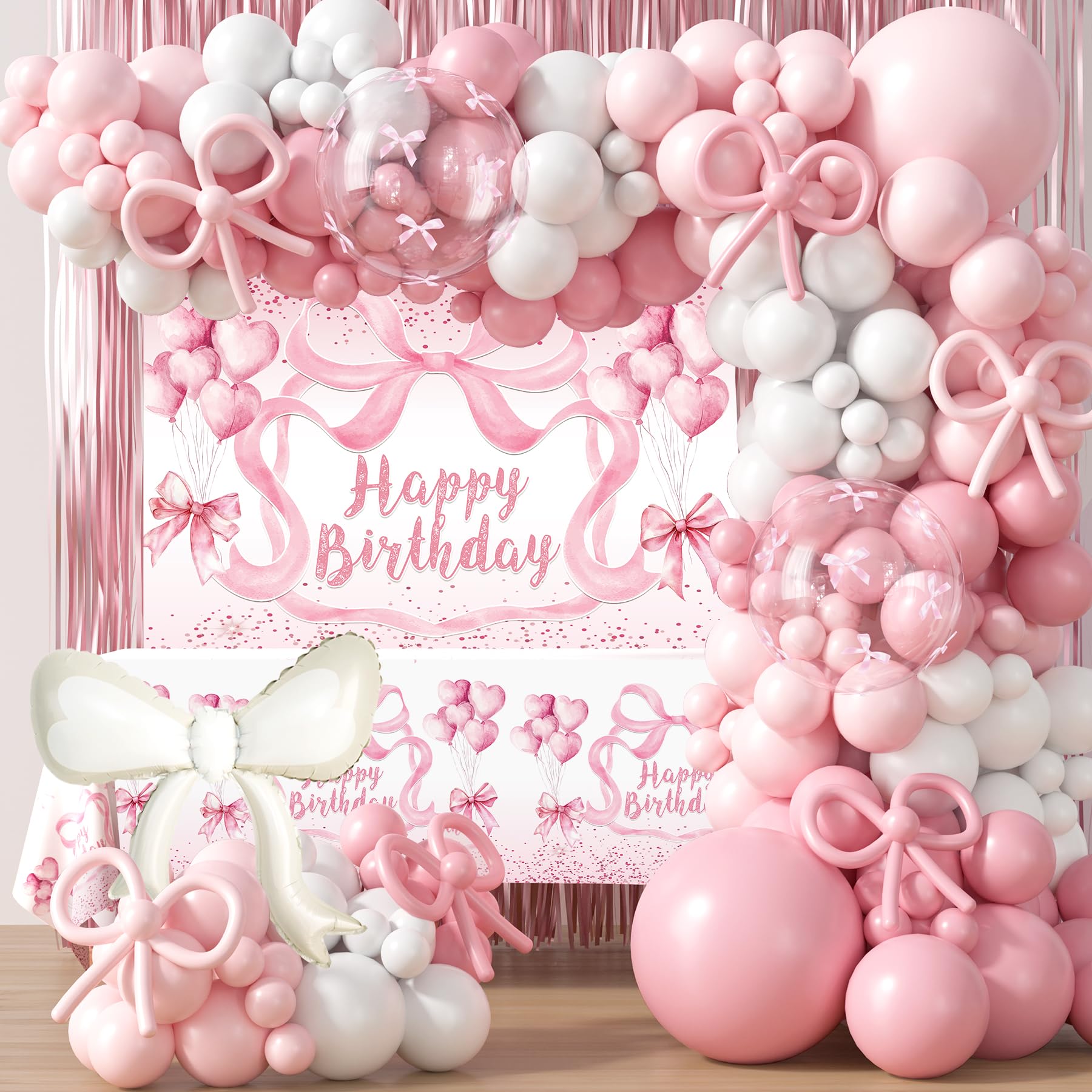 Photo 1 of Pink Bow Birthday Decorations, Bow Coquette Birthday Party Supplies, Includes Backdrop, Hanging Garland, Foil Fringe Curtain, Cake Toppers, Balloon Garland, Tablecloth, Cupcake Toppers, Foil Balloon