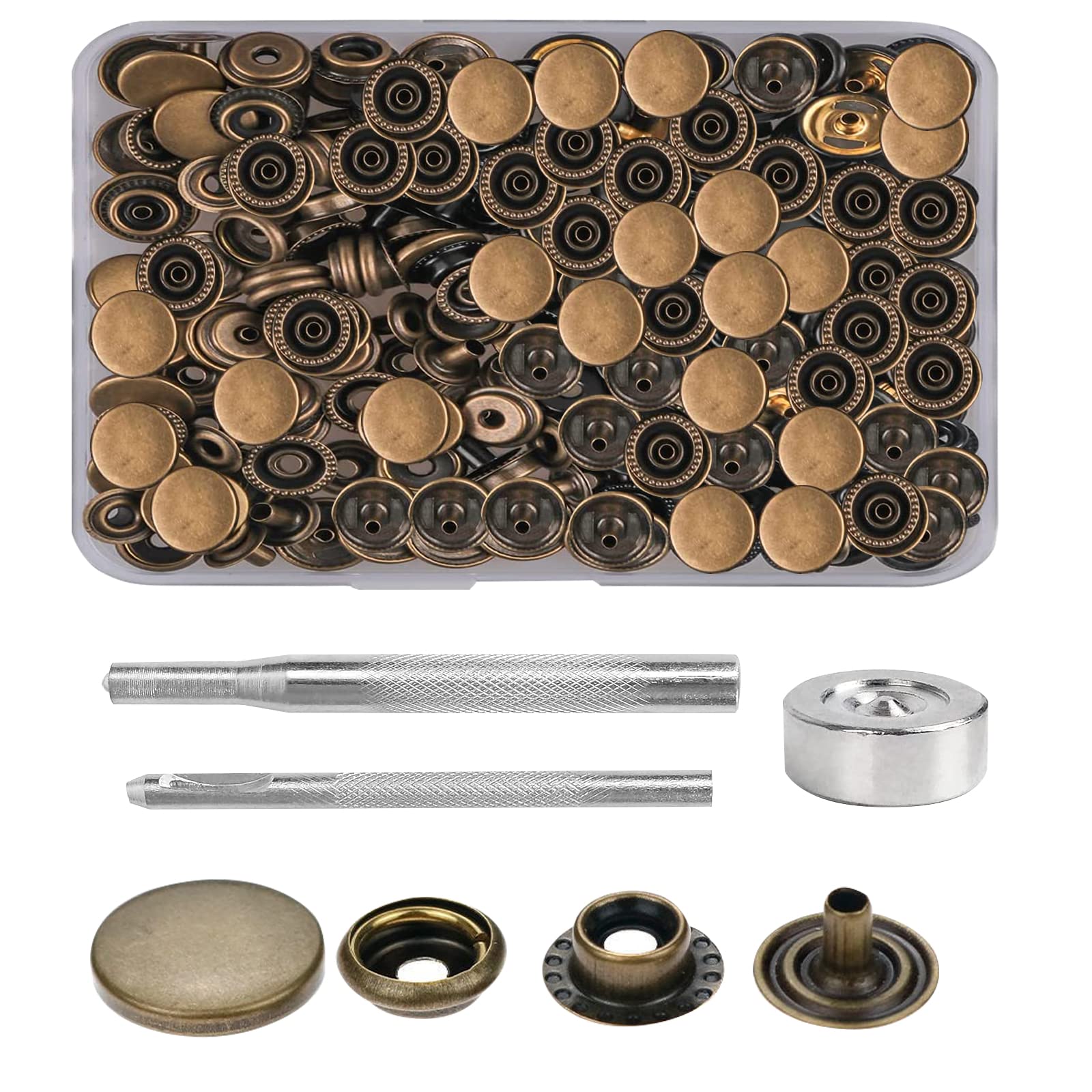 128PCS Press Studs Cap Button Stainless Steel Snap Fasteners Kit with Tool Leather Snaps Stud Fasteners Heavy Duty Snap Buttons Canvas Snaps Press Stud Kit for Clothing Leather Bags Jeans