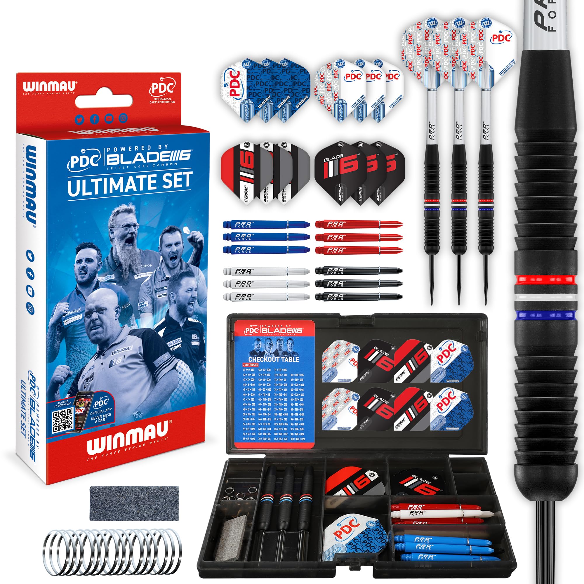 WINMAU Darts – PDC Ultimate Set – 22g Steel Tip Professional Brass Darts Set and Accessories – Includes Dart Flights, Shafts, Point Sharpener & Black Transparent Plastic Tournament Case