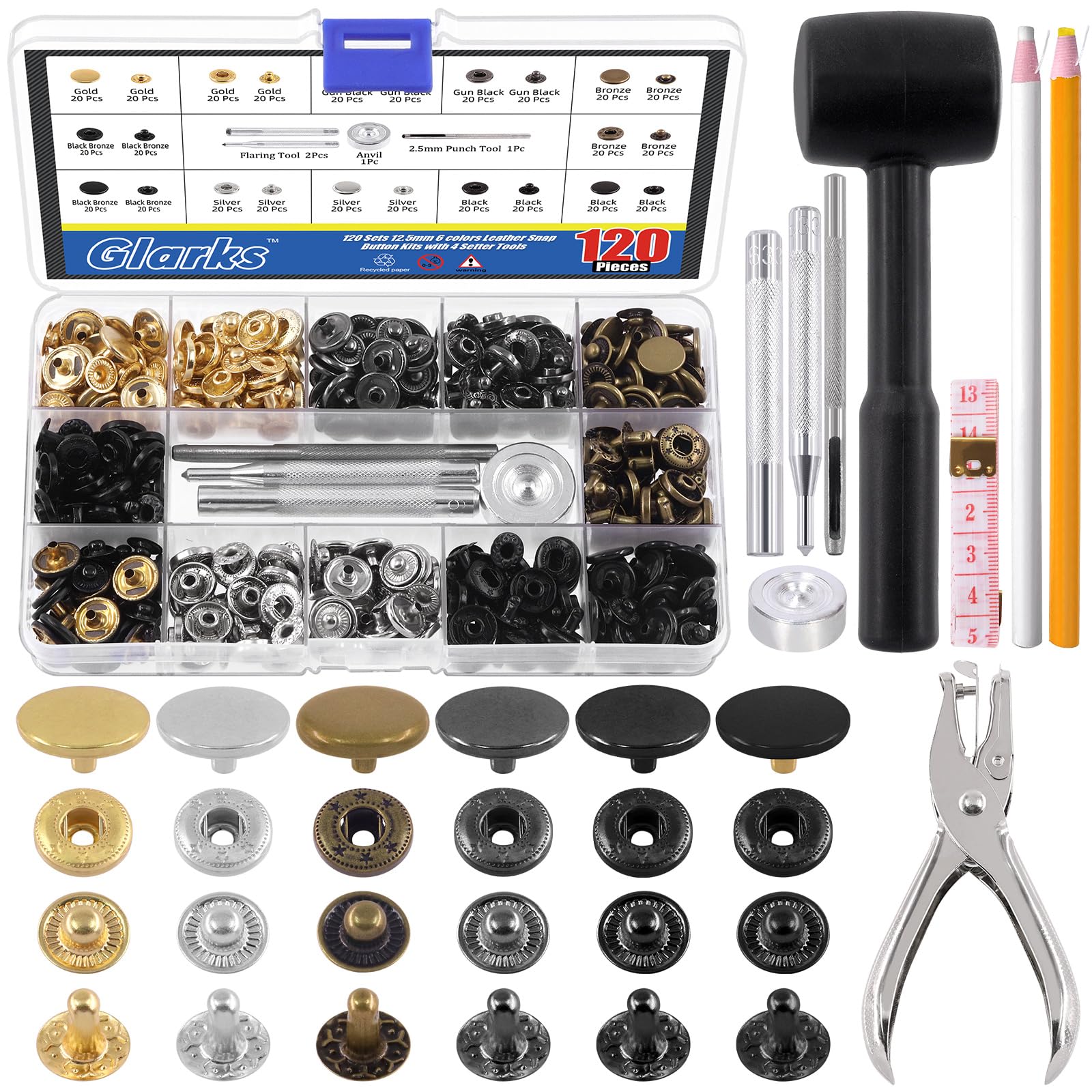 Glarks 120 Sets Leather Snap Fasteners Kit, 12.5mm 6 Colors Metal Snap Buttons Press Studs with 8Pcs Hole Punch, Hammer, Setting Tools, Grease Pencils and Tape Measure for DIY Leather Craft