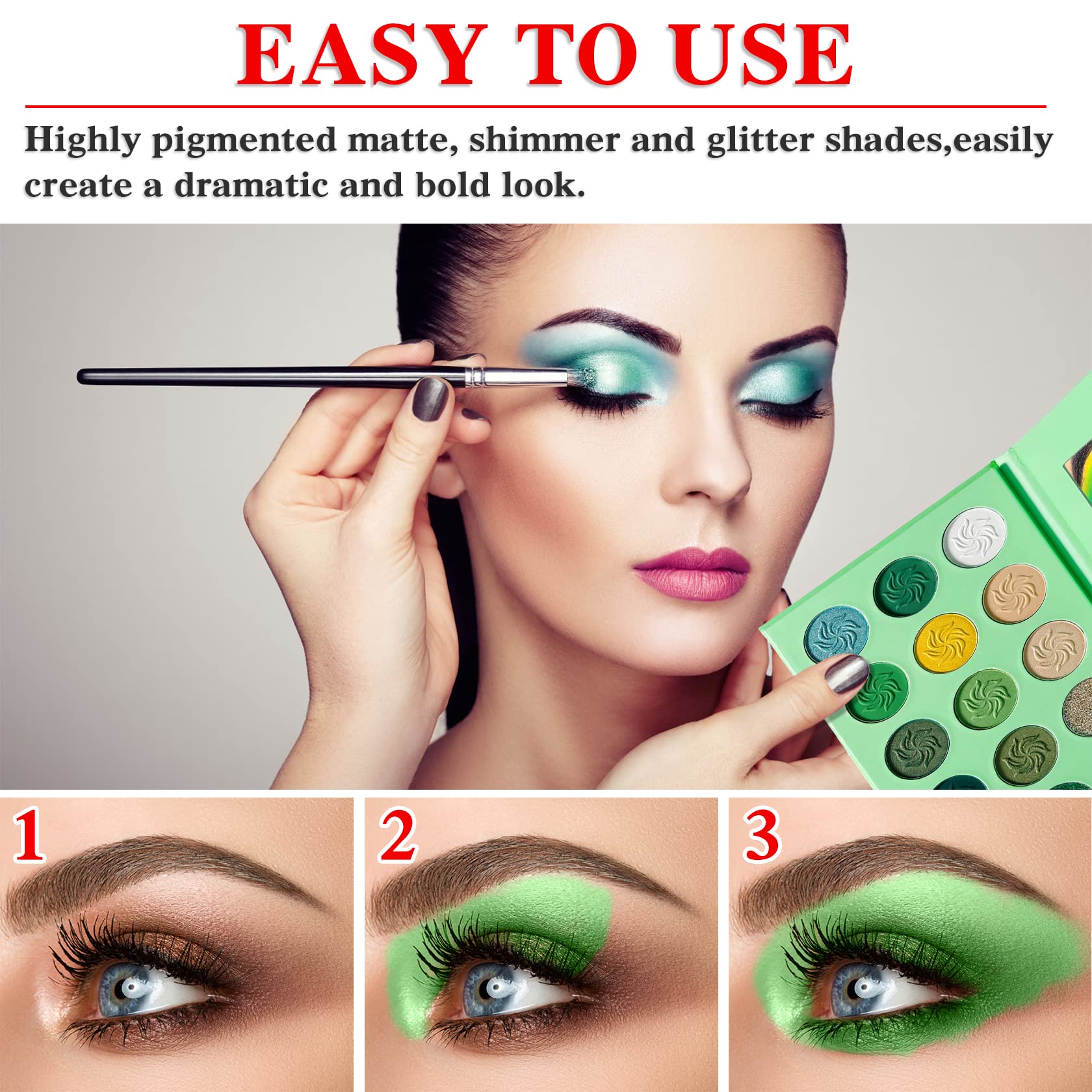 Green Eyeshadow Palette，QIUFSSE 15 Colors Eye Shadow Pallete Sets Highly Pigmented Matte Glitter Colorful Long Lasting Blendable Forest Emerald Green Yellow Makeup Pallet for Women Christmas Halloween