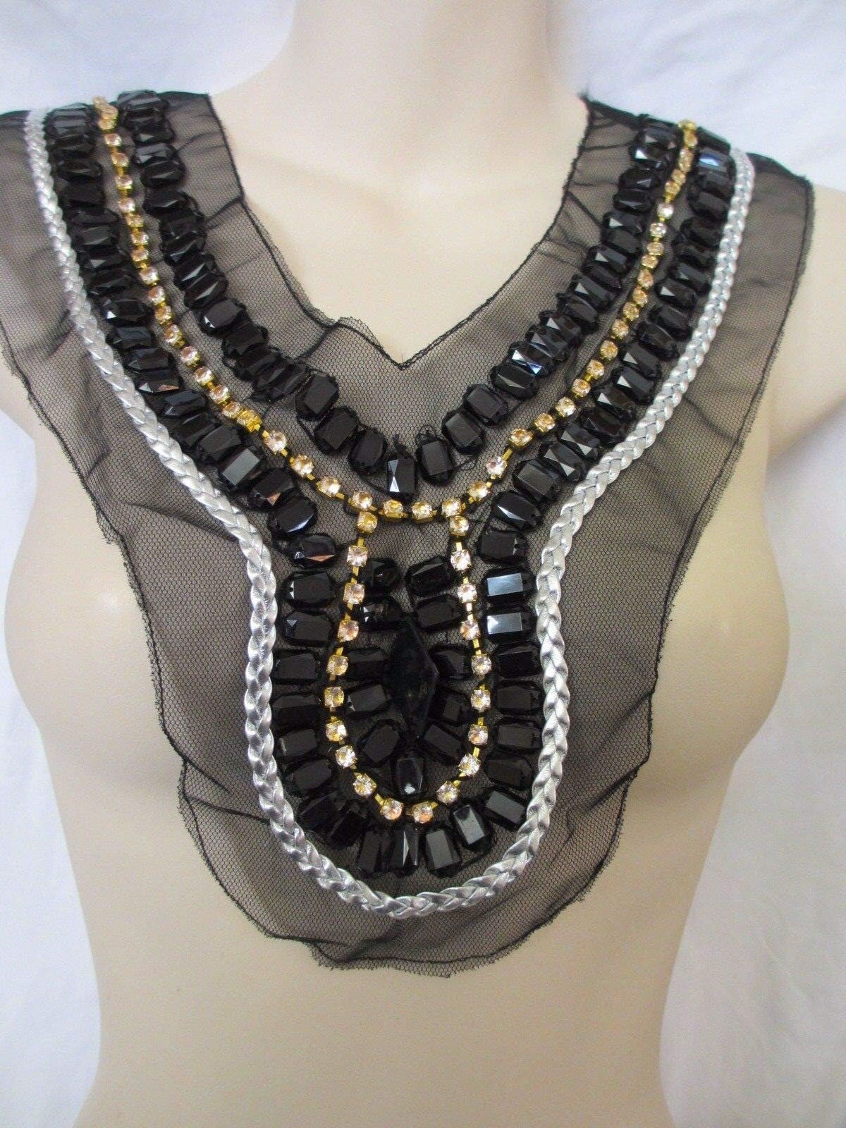 14'' Black Net Beaded Rhinestone Neckline Applique #EK-41