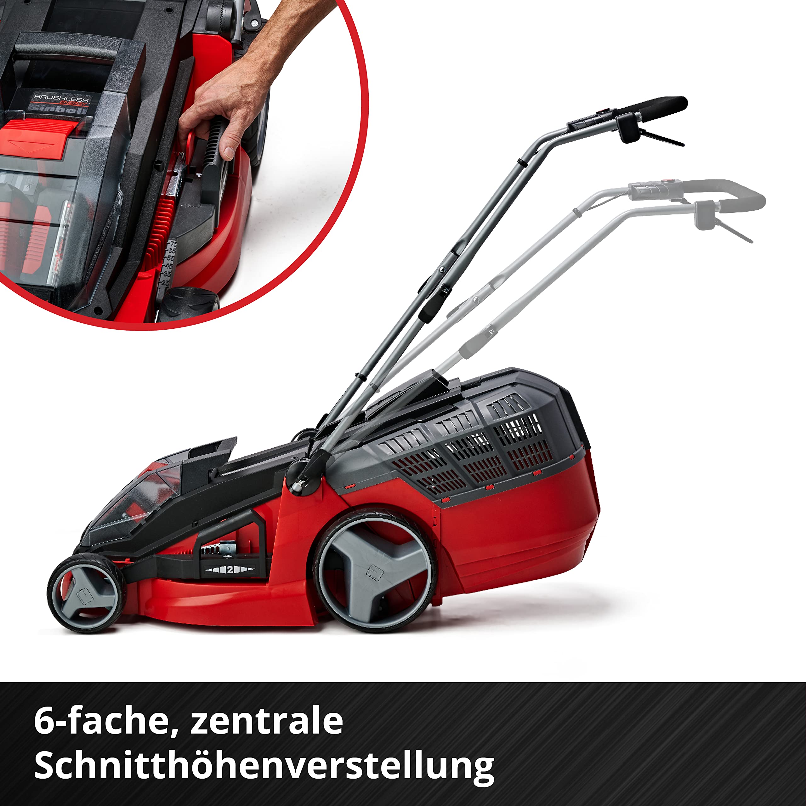 Einhell Akku-Rasenmäher GE-cm 43 Li M Kit Power X-Change (36V, 43 cm Schnittbreite, bis 600 m², Brushless, Mulch-Kit, 63L Fangkorb, 25-75 mm Schnitthöhe, inkl. 2X 4,0Ah + 2X Ladegerät) 9