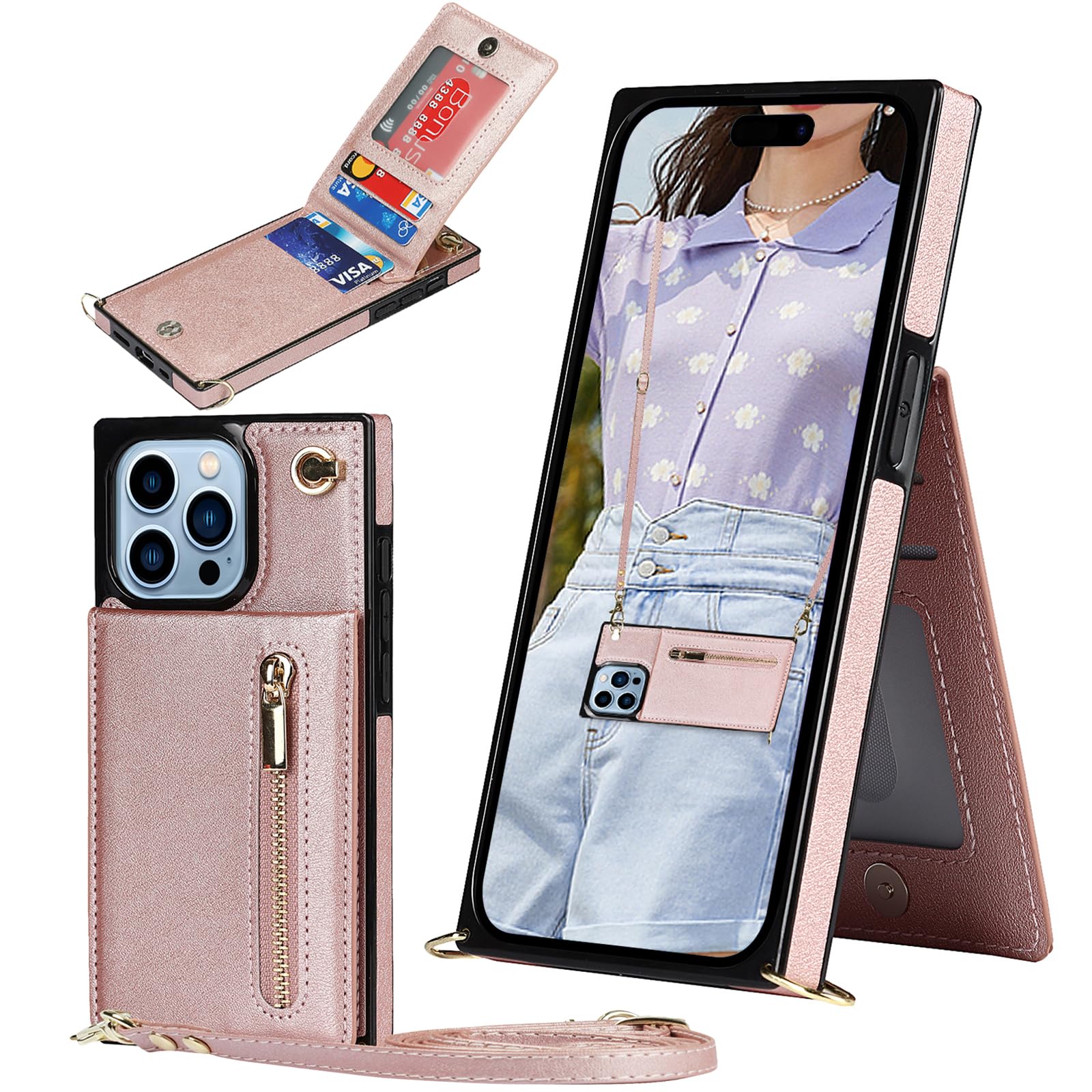 Ysnzaq Crossbody Wallet Case for iPhone 15 Pro 6.1", Flip Folio Lanyard Zipper for Women Girls with Card Holder Money Pocket Phone Case Cover for Apple/iPhone 15 Pro.XK Rose Gold