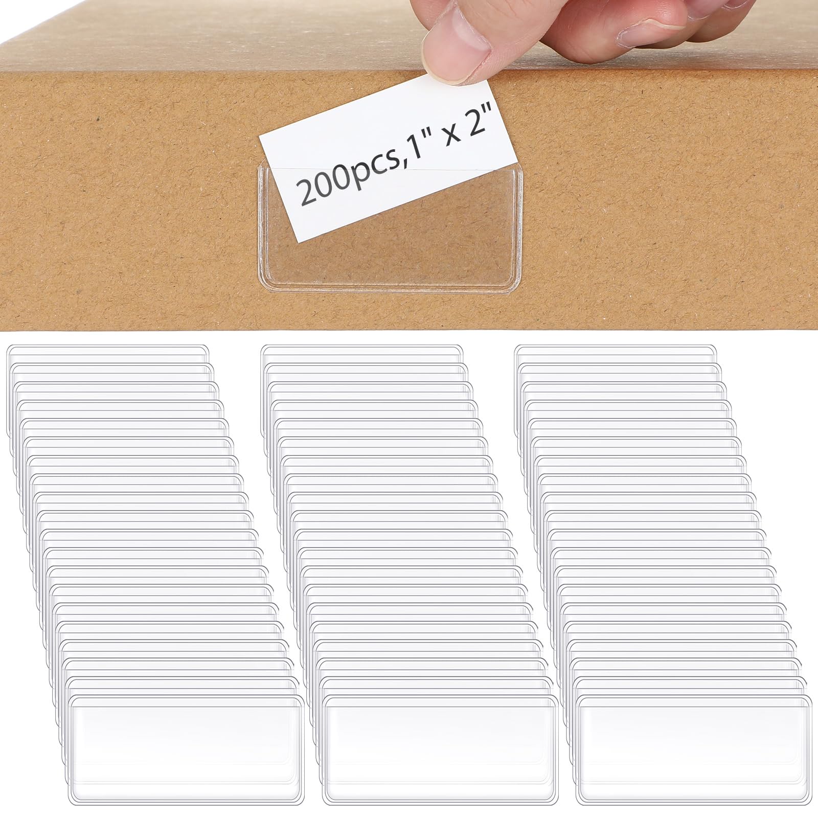 Photo 1 of ***HOLDERS ONLY** Jeyiour 200 Pcs Label Holders Adhesive Nameplate Pockets Storage Bin Labels Index Card Holder Shelf Plastic Peel Stick for Classroom Supermarket Bookshelf Library Student Box Drawer (2 x 1 Inch)