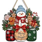 Pigort Merry and Bright Christmas Decorations - Cute Snowman Gingerbread 11.6in Wooden Hanging Decor for Front Door, Indoor Outdoor Xmas Wall Hanging Party