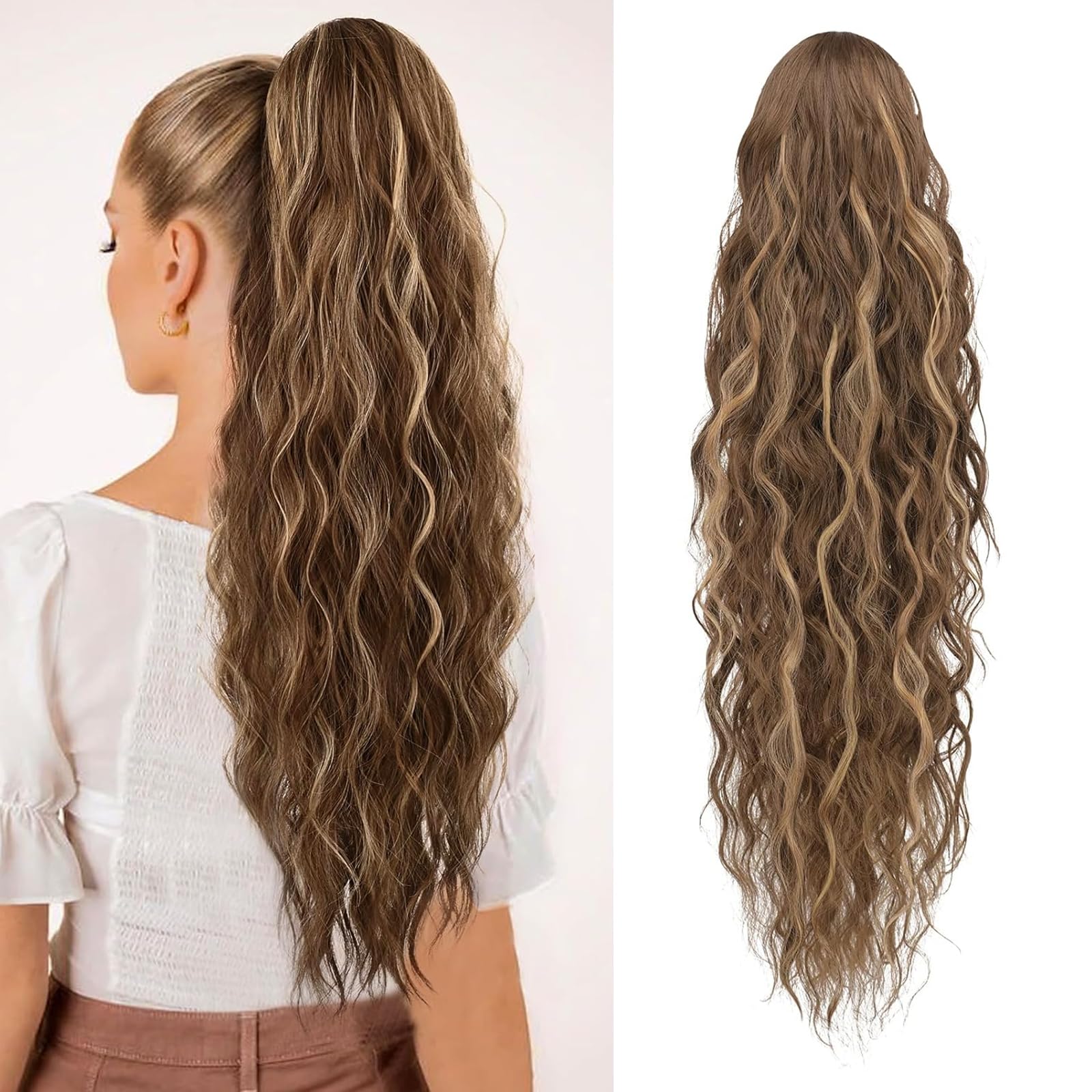 Jupmov 26 Inch Ponytail Extension, Long Wavy Hair Extensions, Synthetic Hair Piece for Women, Soft Natural Pony Tail, Drawstring for Daily Use(Honey Blonde & Light Brown)