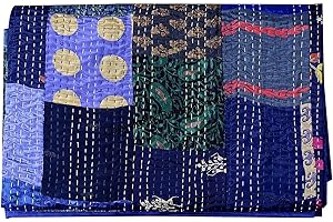 GDONLINE Indian Handmade Quilt Indian Silk Sari Kantha Quilted Patchwork, Silk Kantha Blanket Throw, Boho Vintage Bedspreads, (Blue, Queen 90" x 108")