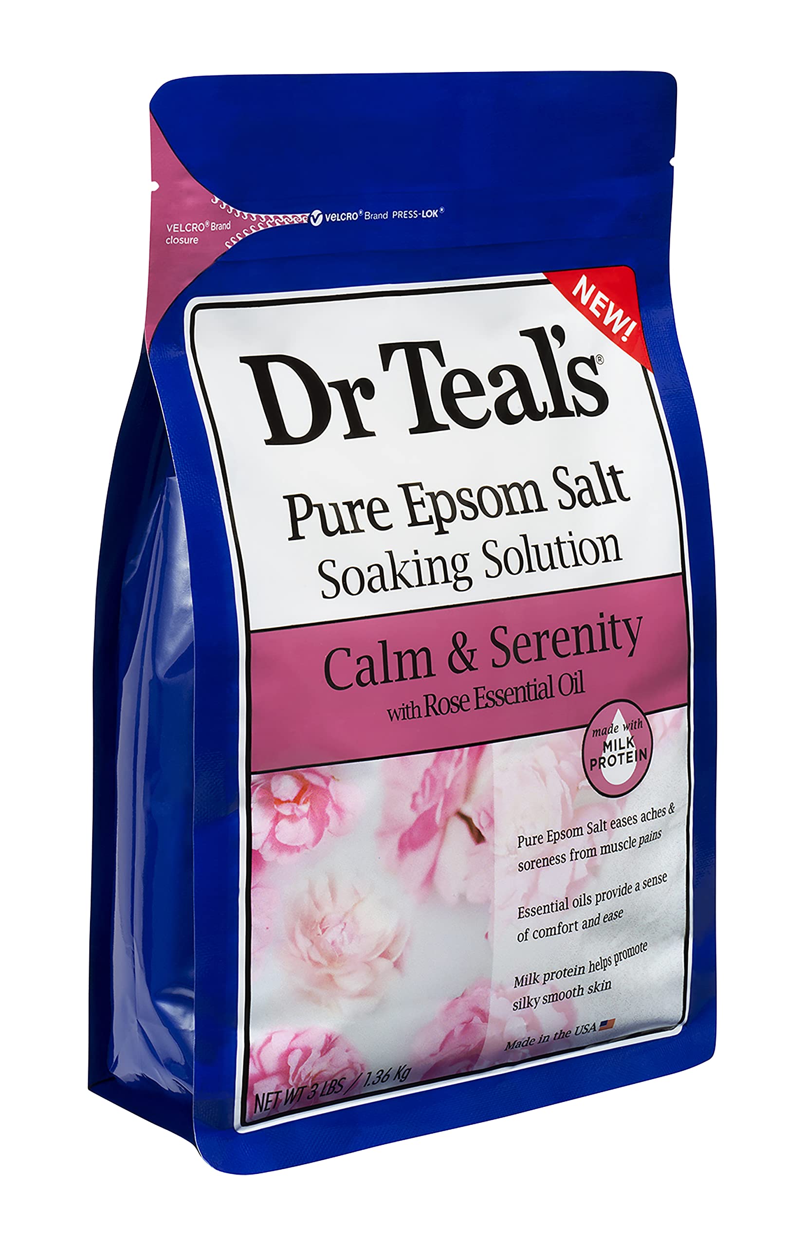 Bundle of Dr Teals Calm & Serenity with Rose Essential Oil (Made with Milk Protein): Pure Epsom Salt Soaking Solution 3 LBS & Foaming Bath 34 FL OZ