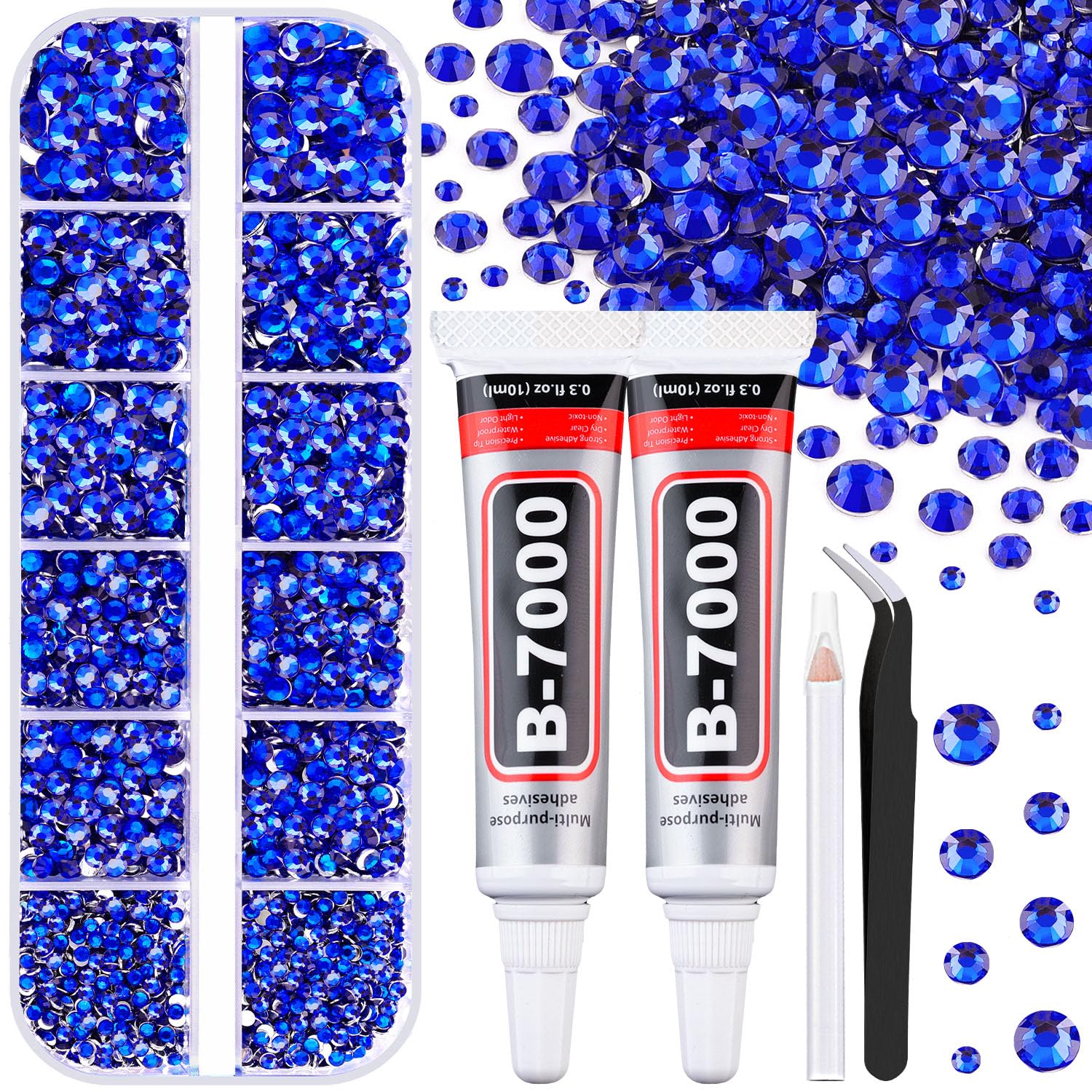 Photo 1 of 6100Pcs Royal Blue Rhinestones for Crafting with 2Pcs 10ml B7000 Jewelry Glue, 1 Box Flatback Crystals Diamond for Bedazzling Crafts DIY Nail Art Resin Gems for Clothing Shoes