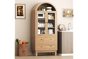 JMHDYG Arched Pantry Cabinet, 71" Tall Freestanding Food Storage Cabinet with 2 Large Drawers & Glass Doors and Adjustable Shelves, Farmhouse Wood Kitchen Pantry, Versatile Cupboard for Dining Room, Natural