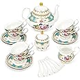 fanquare 21 Piece European Porcelain Tea Set, Teal Cups and Saucers Service for 6, Blue Tea Gift Set for Adults