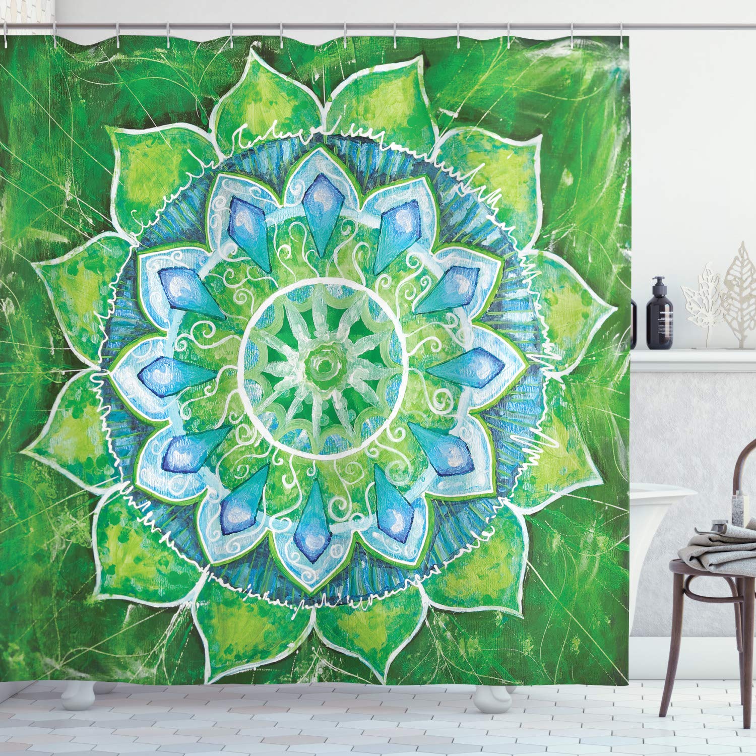 ABAKUHAUS Mandala Shower Curtain, Grand Leaf Forms of Nature and Theme Green Boho Style Floral Print, Cloth Fabric Bathroom Decor Set with Hooks, 78 Inches, Green Blue