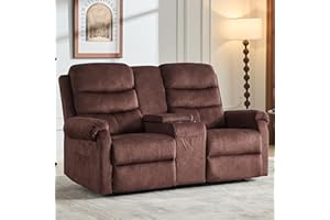 DRMBOOK Reclining Loveseat Sofa, Velvet Fabric Double Reclining RV Loveseat Couch with Console, Manual 2 Person Recliner, 2 Seater Home Theater Seating with Cup Holders for Living Room (Brown)