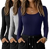Sweetyweee 3 Pack Women's Long Sleeve Underscrub Shirts Cotton Scoop Neck Ribbed Scrub Tops Slim Fit Casual Basic Undershirts