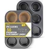Bake Choice 2 Jumbo Muffin Pan for Baking, Extra Large Cupcake Pan | Includes 50 Natural Jumbo Cupcake Liners, Non-Stick Muffin Tin Nonstick 6 Cup, Baking Pans Set, Carbon Steel Baking Supplies