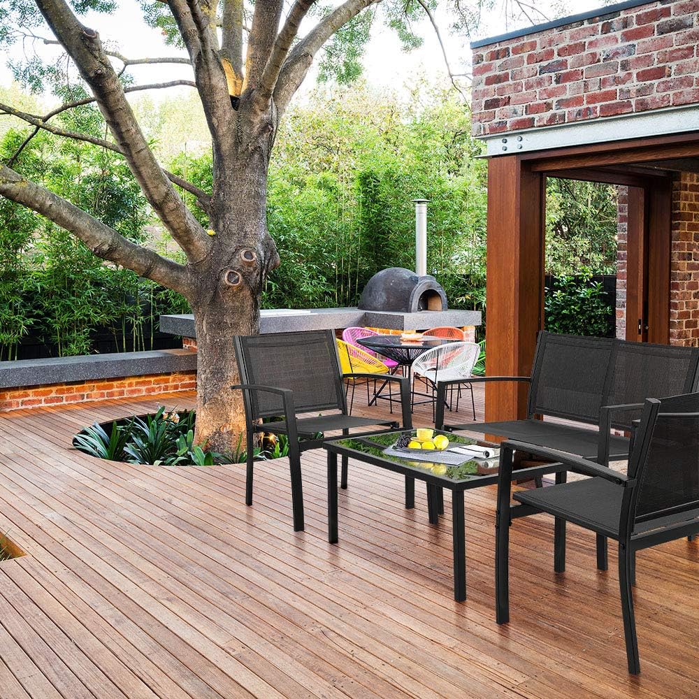 Devoko 4 Pieces Patio Furniture Set Outdoor Garden Patio Conversation Sets Poolside Lawn Chairs with Glass Coffee Table Porch Furniture (Black): Garden & Outdoor