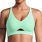 FlareMove Y Back Sports Bra Padded Racerback Adjustable Straps Ruched V-Neck Low Impact Workout Yoga Top
