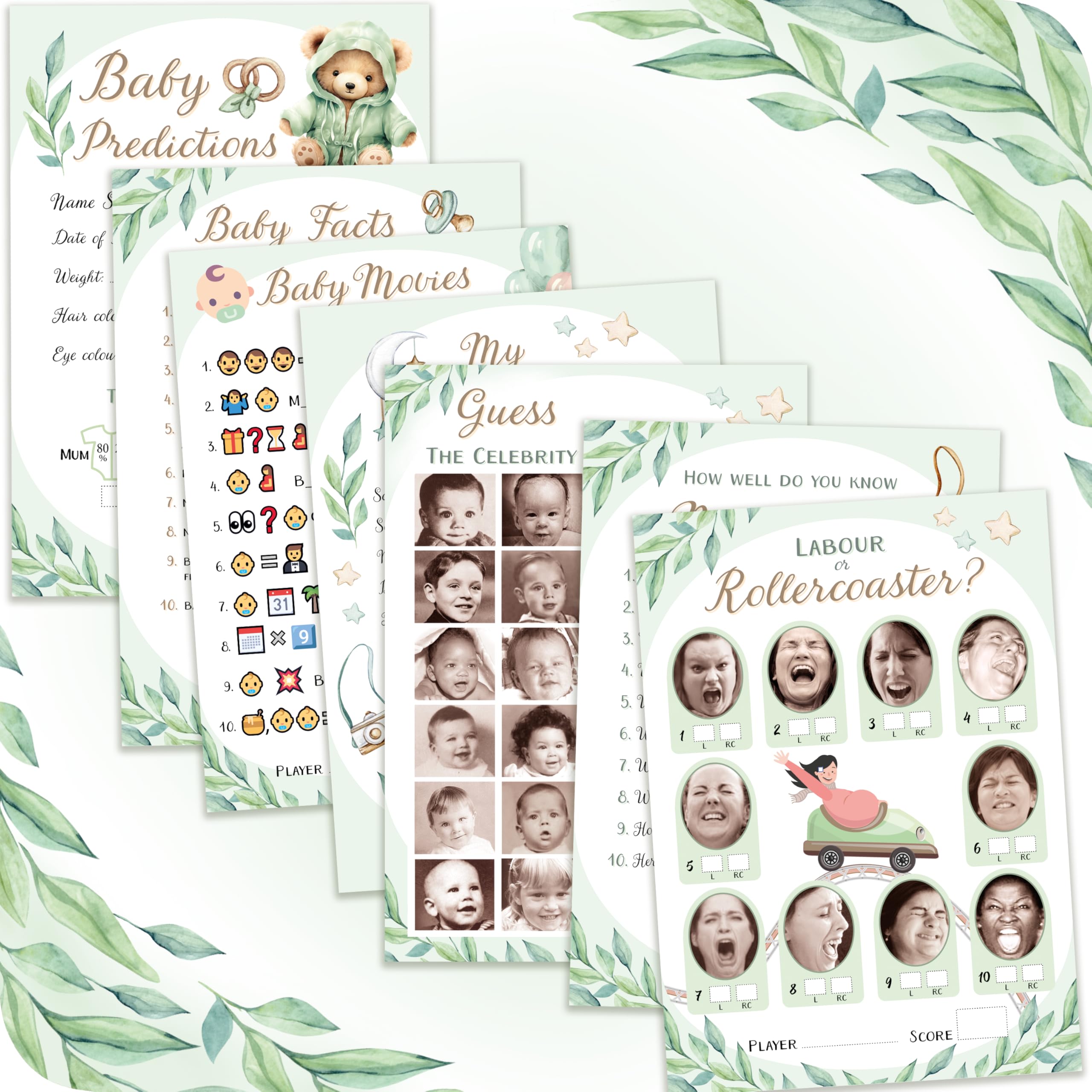 Baby Shower Games (7 Fun Games for 12 Guests), Baby Predictions, Guess The Celebrity, Labour or Rollercoaster, Baby Movie Emoji Game and More, Teddy Bear Gender Neutral Styles (Botanical Green)